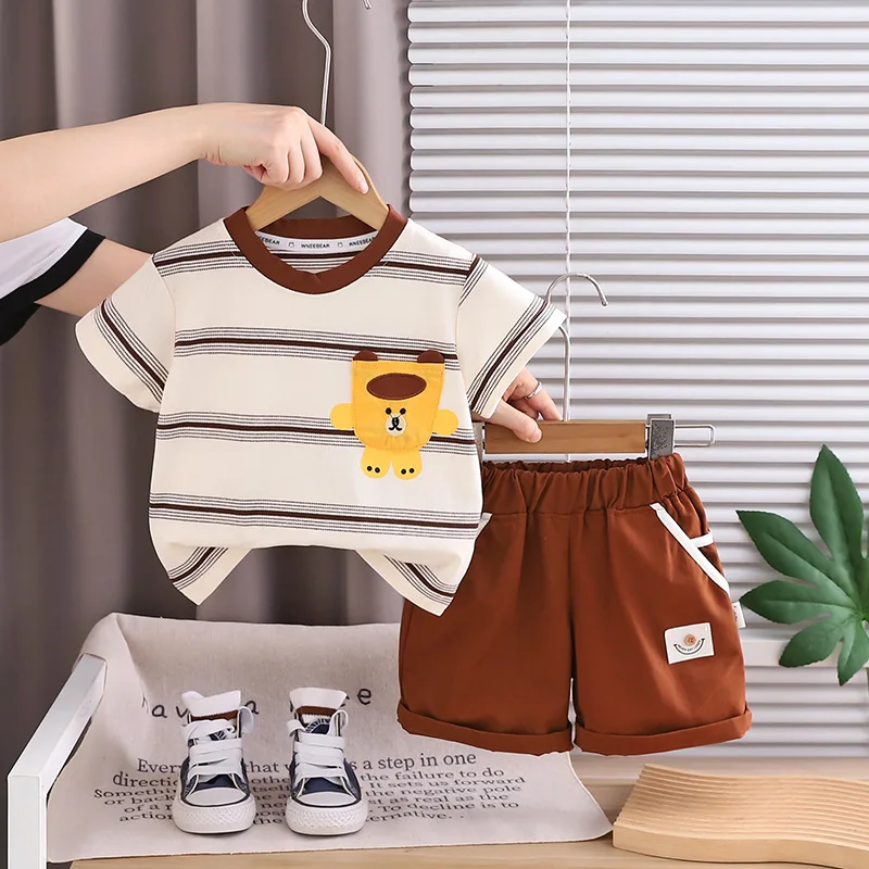 Kids Summer Suit 2026 New Baby Boy Clothes 6 To 12 Months Cartoon Striped Short Sleeve Tops and Shorts 2 Piece Sets for Children