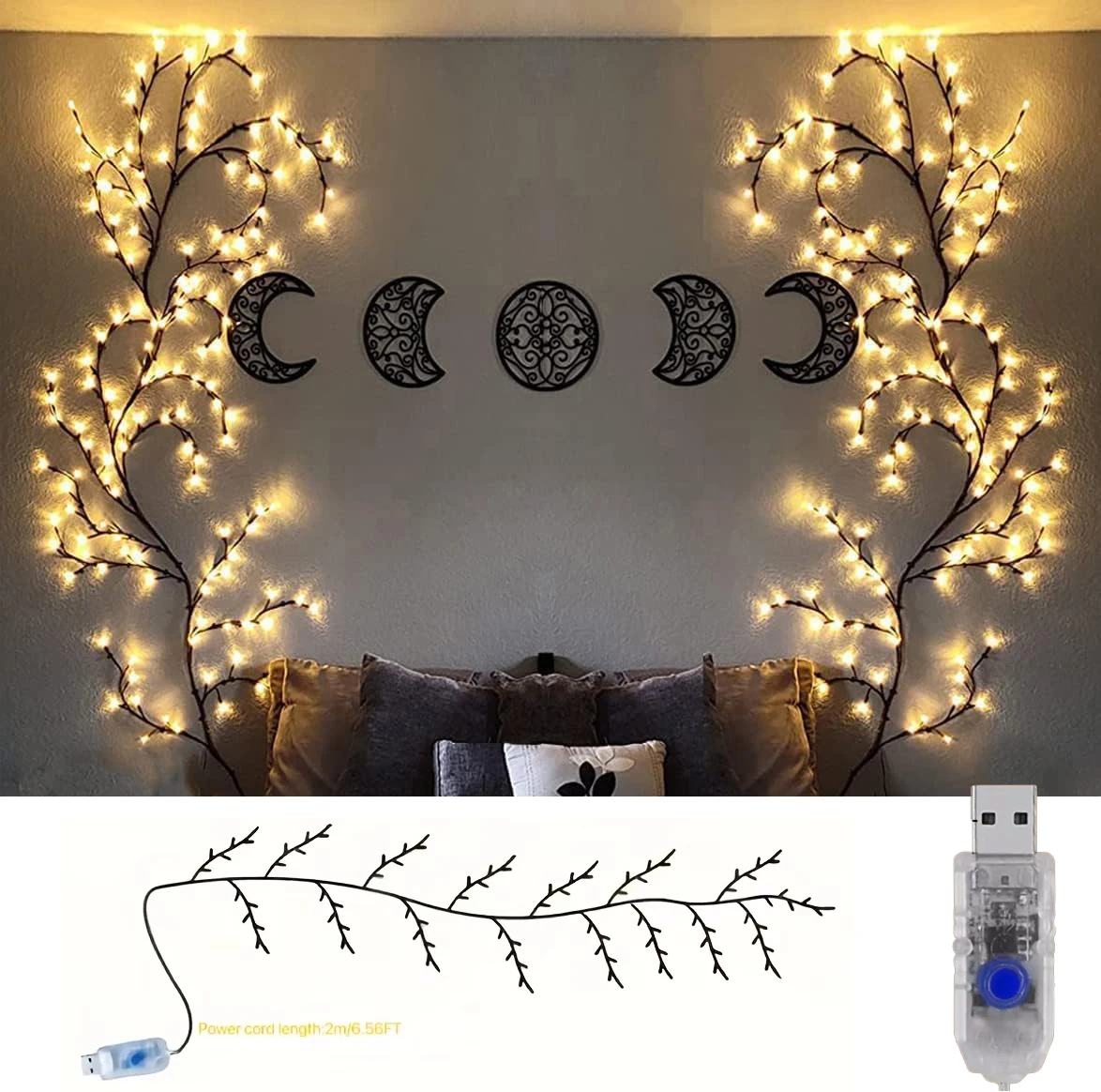 96 LEDS biegbare Weidenrebenlichter, 8 Moeds Rattanbaum dekoratives Licht, Nachtlicht, für Wand, Schlafzimmer, drinnen und draußen, Weihnachten