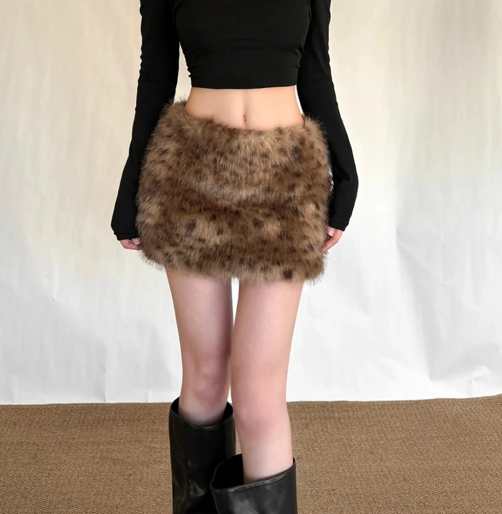 

Leopard Print Furry Design Mini Skirts Woman Elastic High Waist Skinny Wrap Hip Hot Girls Street Fashion Classic Bottoms