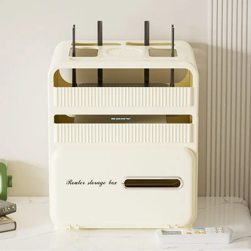 Cream White Plastic Router Storage Box Multi-Layer Wifi Organizer with Heat Dissipation Holes Cable Management Holder for Home