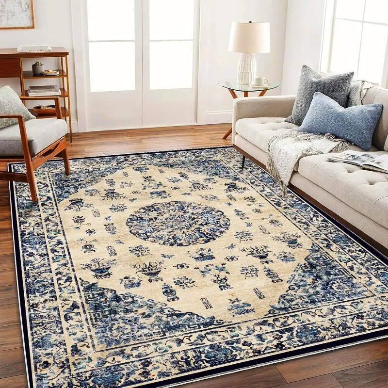 Alfombra de Estilo Persa Vintage, Elegante Alfombra Floral para Sala de Estar, Decoración de Hogar de Lujo Discreto, Lavable a Máquina, Antideslizante, Tapete para Mesa