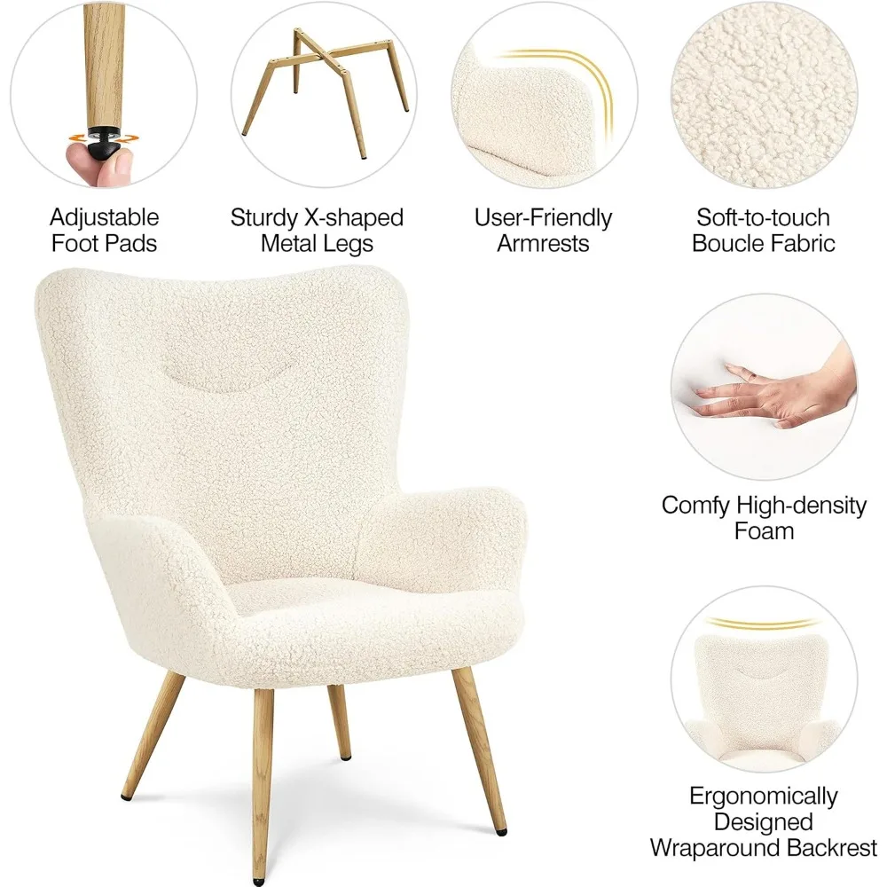 Vanity Chair, Modern Fluffy Accent Chair, Armchair with High Back and Wood-Tone Metal Legs, Downy Barrel Chair Soft Backrest