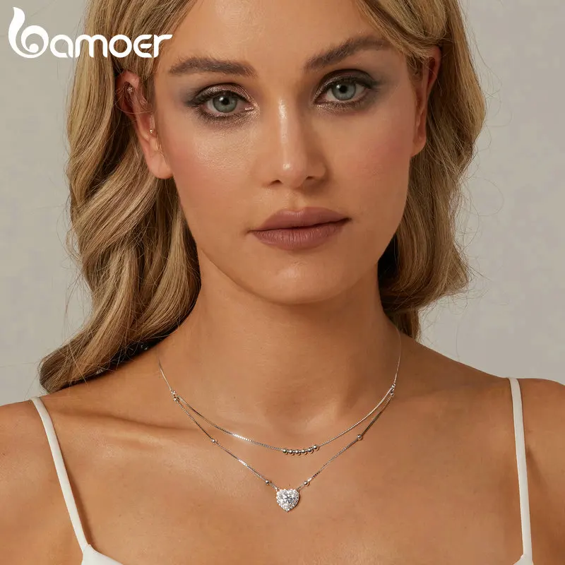 Bamoer 925 Sterling Silver Halo Heart Moissanite Pendant Necklace Double-layer Necklace for Women Valentine's Day Gift