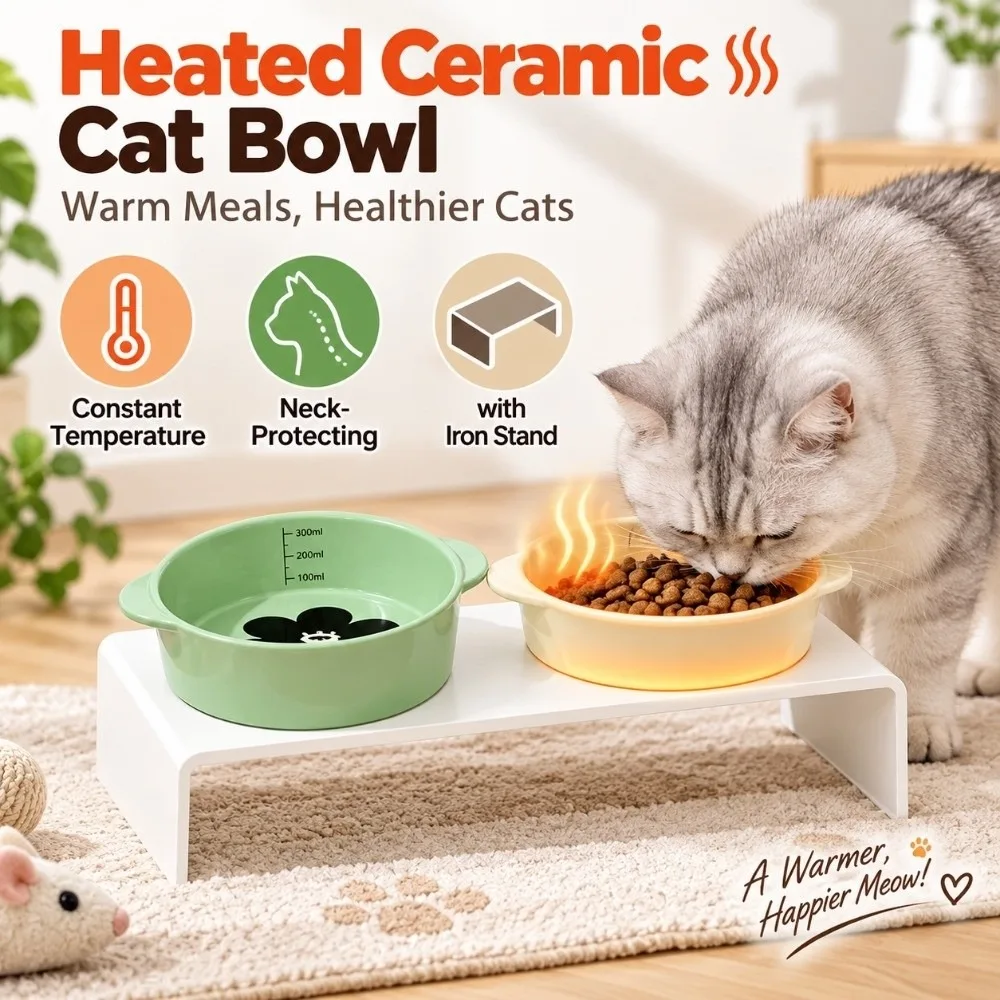 Gamelle pour chat en céramique chauffante à température constante avec support en fer, gamelle pour chat surélevée antidérapante avec repères, gamelle à boire durable pour chien