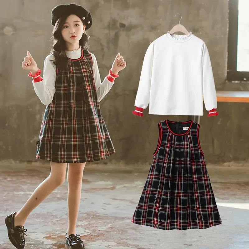 Children's Set  2023 Autumn Girls' Two Piece Dress Set White Lace Collar Knit Shirt Plaid Vest Skirt Girls Clothes for Aged 4-14