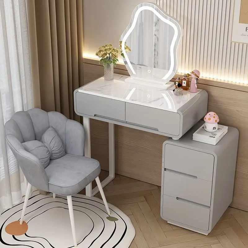 

2025 new modern simple bedroom dresser small apartment solid wood cream wind dressing table with smart cabinet