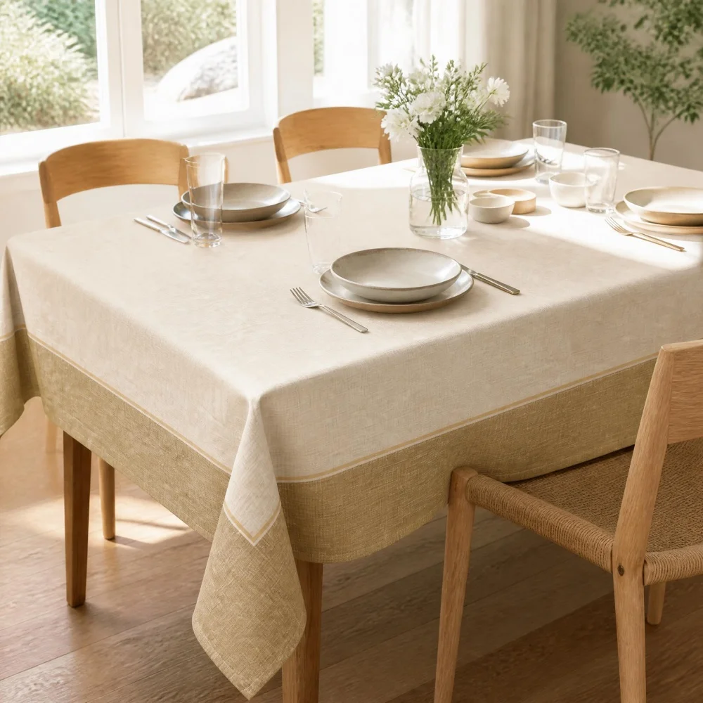 White Khaki Edge Spliced Tablecloth Multiple Sizes Soft Rectangular Table Linen for Daily Dining Kitchen Neutral Home Decoration