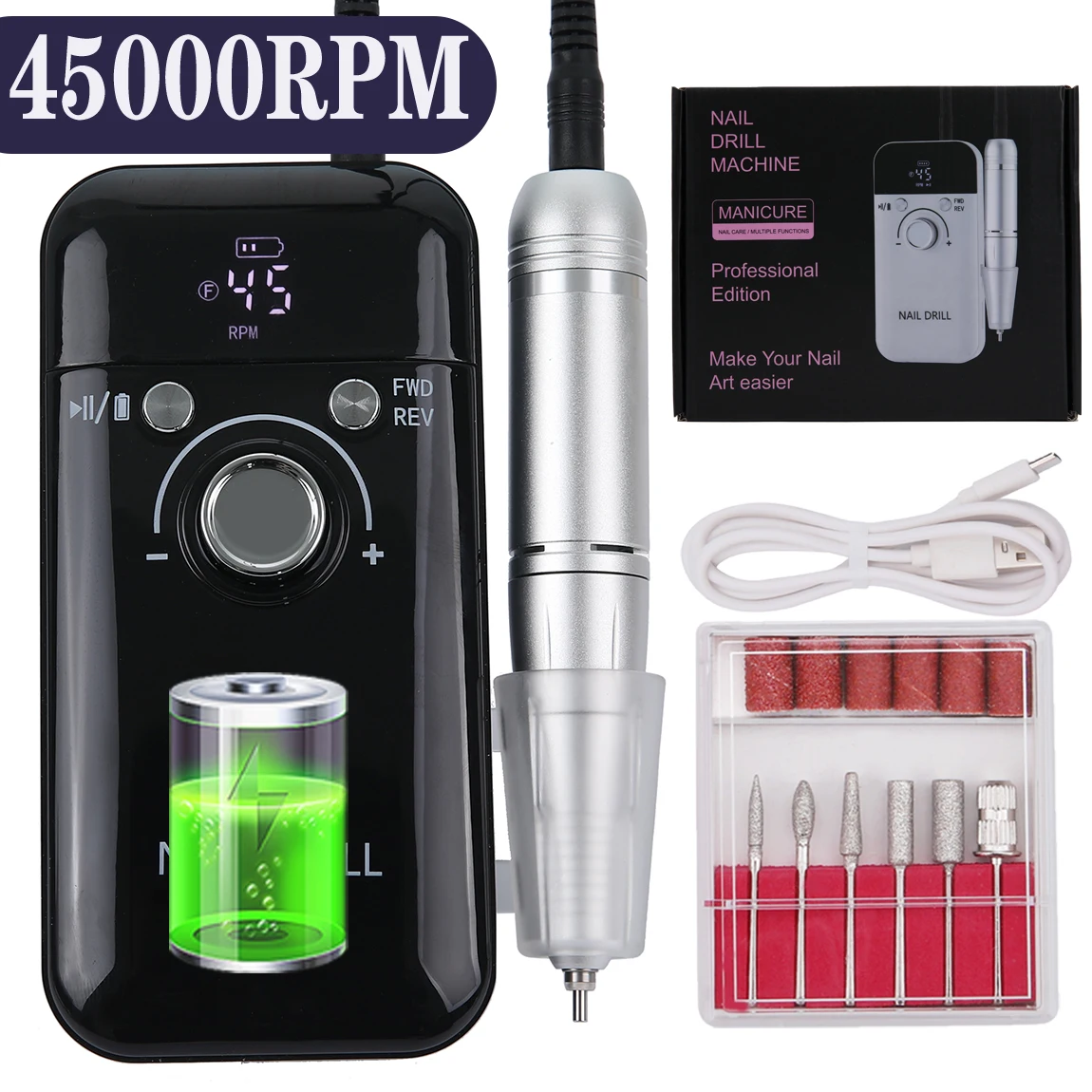 45000RPM Electric Nail Drill Machine Nail File For Manicure Pedicure Salon Rechargeable Sanding Tool