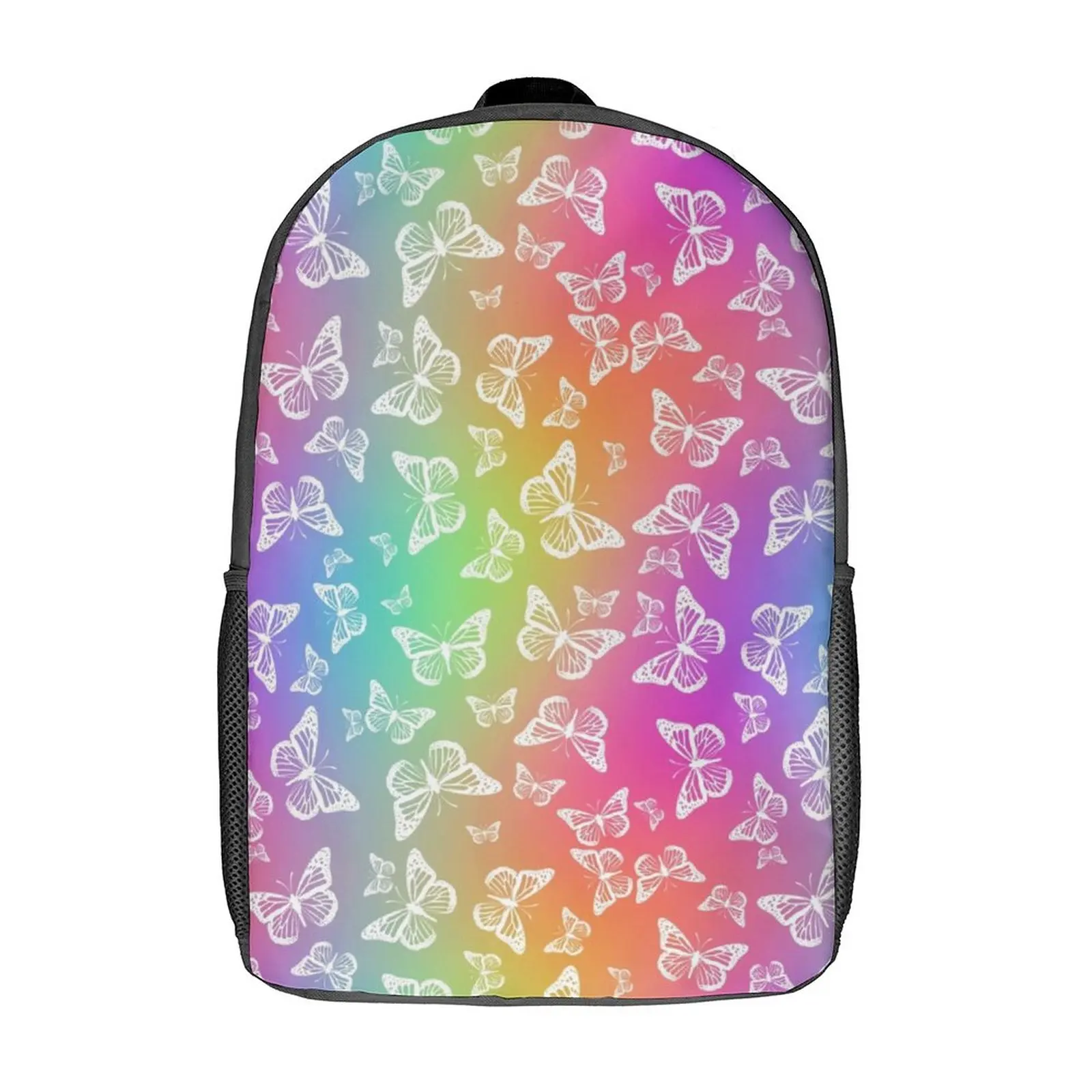 White Butterfly Backpack Rainbow Print Cycling Backpacks for Teenage Boy Girl Colorful Print High School Bags Casual Rucksack