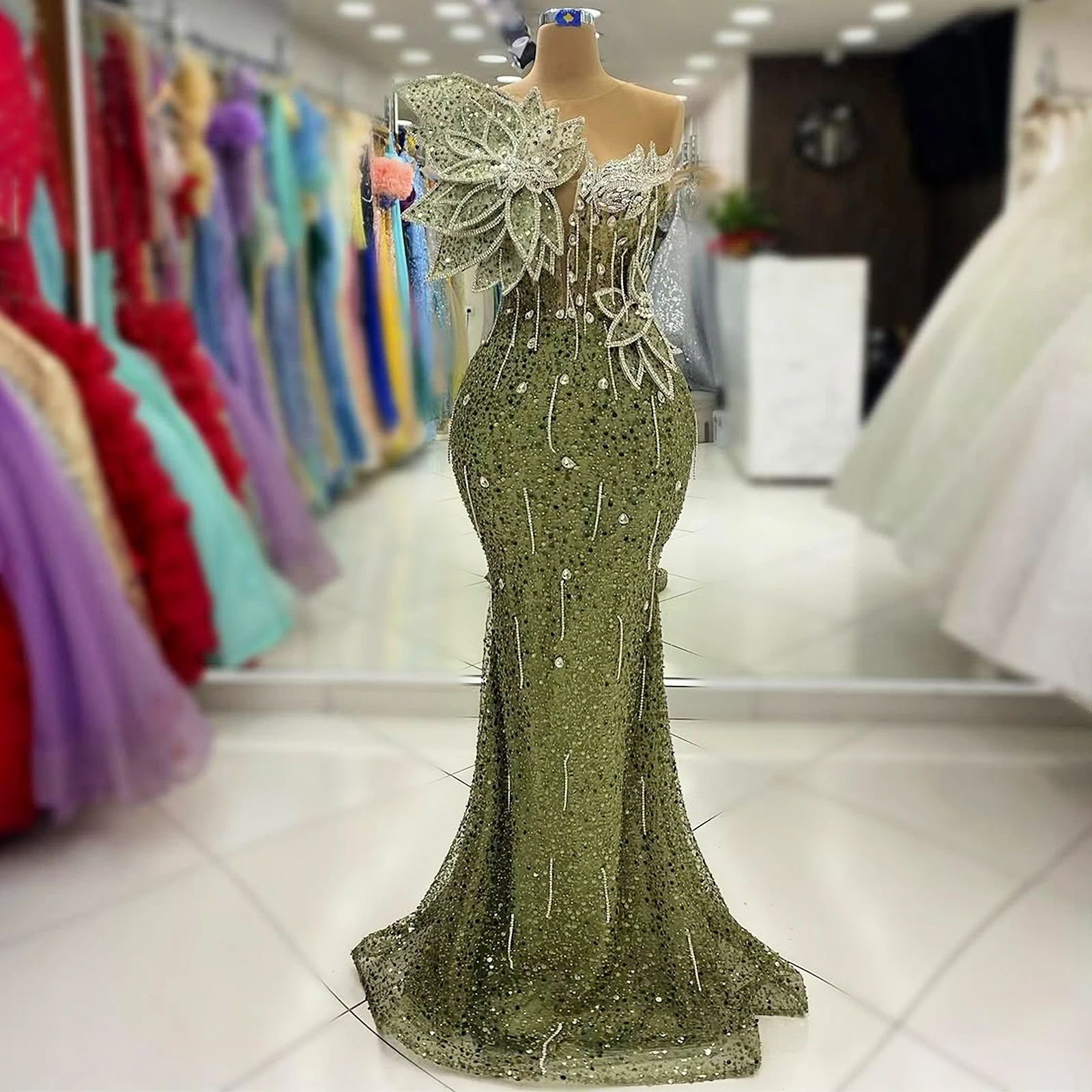 

Стереоскопические стразы с цветочным принтом Вечерние платья зеленой русалки Матча Великолепные платья для выпускного вечера Вечернее праздничное платье Slim Fit платья