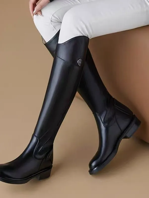 Women's Soft Leather Equestrian Boots round Toe Low Heel High Tube Long Boots Autumn Winter Fashion Sweet Style Zipper Closure