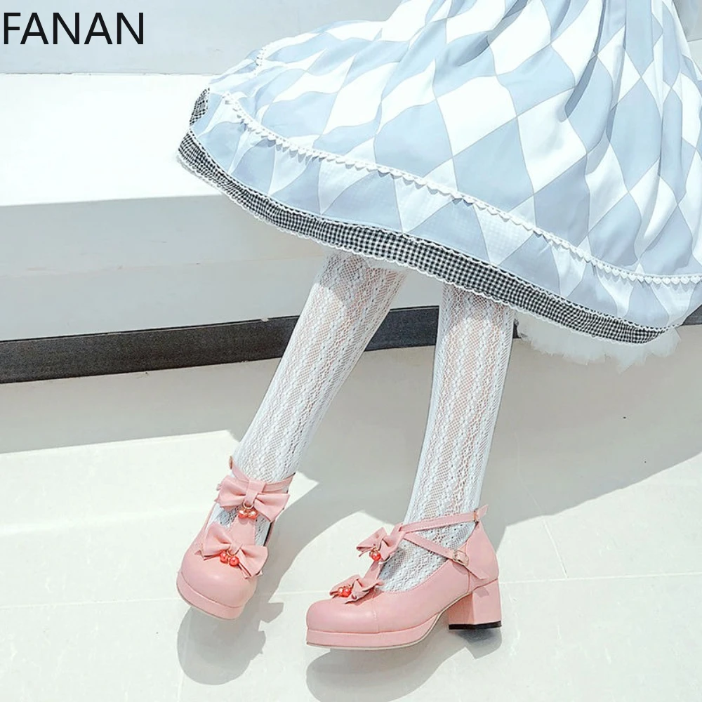 

Lolita High Heels Platform French 5cm Pink Leather Shoes Kawaii Sweet Breathable Girl Jk Uniform Pumps Party Princess Shoes