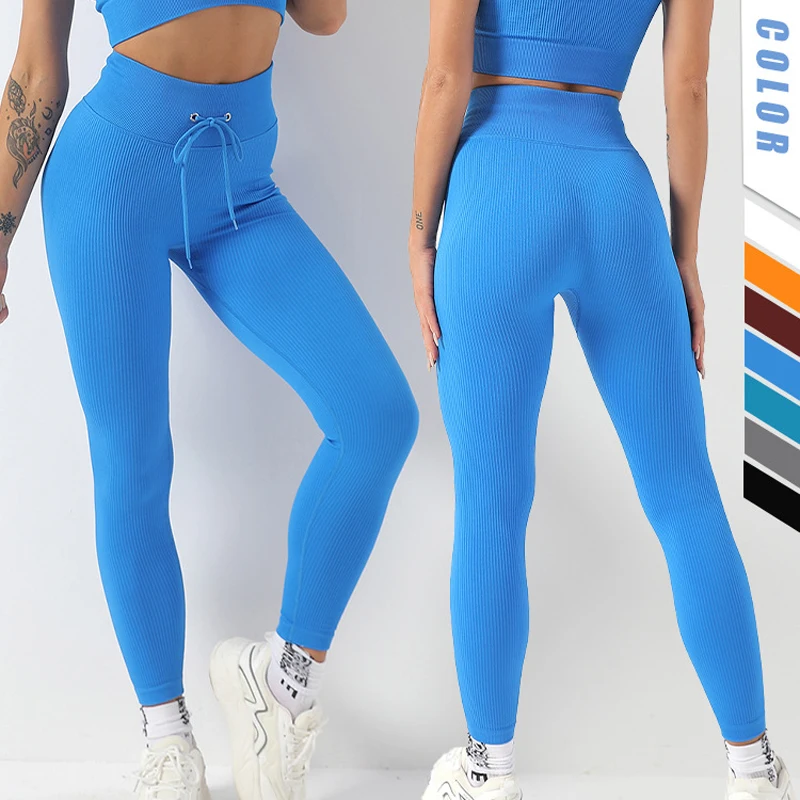 Ribbed Seamless Yoga Pants High Waist Gym Leggings Women Drawstring Sport Fitness Leggings Tummy Control Running Training Tights