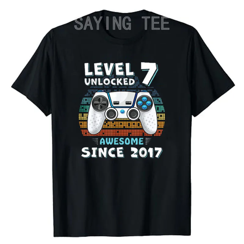 

Level 7 Unlocked Awesome Since 2017 7th Birthday Gaming Boys T-Shirt 7 Years Old Video Gamer Graphic Tee Fashion Sons B-day Gift