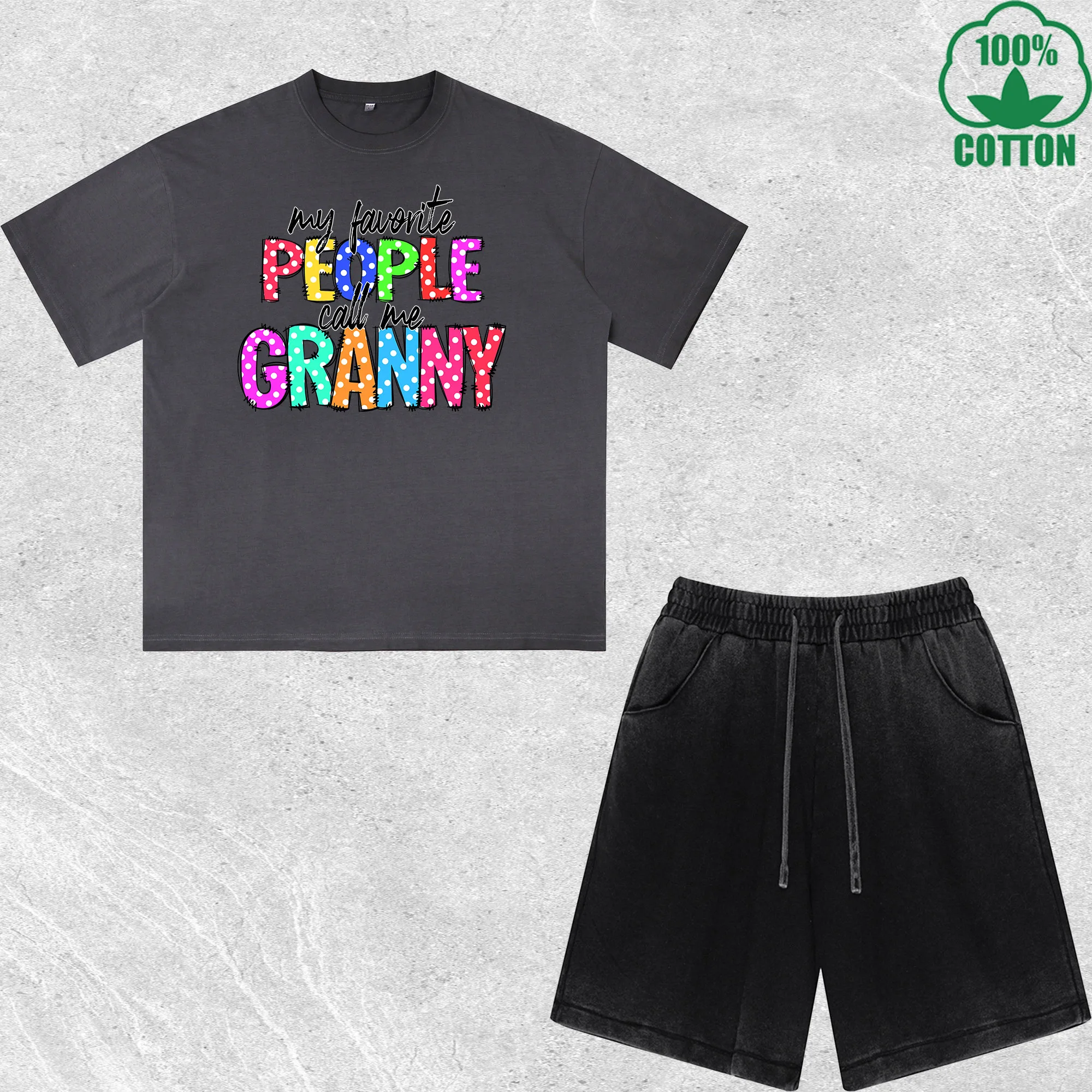 

People Granny Printed Dirty Wash T-Shirt Shorts Set Combo Loose Trendy Fashionable 100%Cotton Short Value Pack