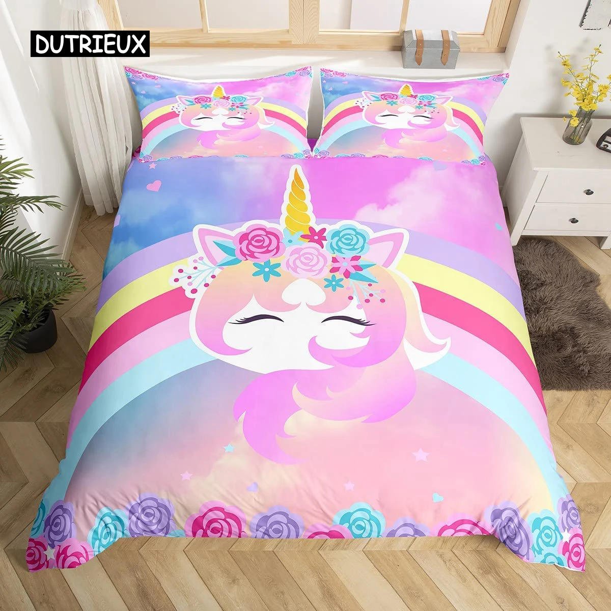 

Rainbow Unicorn Duvet Cover Cute Dreamy Horse Comforter Cover Cartoon Little Unicorn Bedding Set Twin For Girl Teen Kawaii Gifts