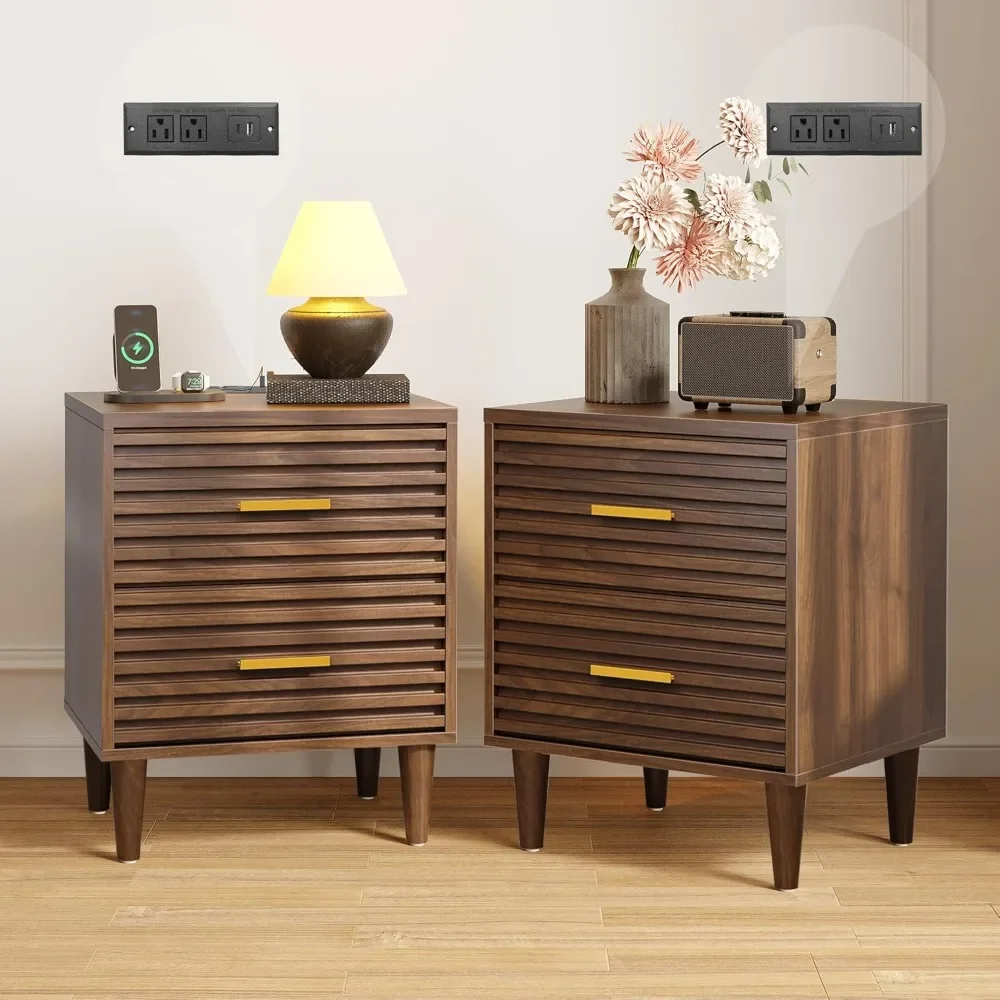 

Night Stand with Charging Station , Bedside Table with 2 Drawers, Mid Century Modern End Table, Bed Side Table