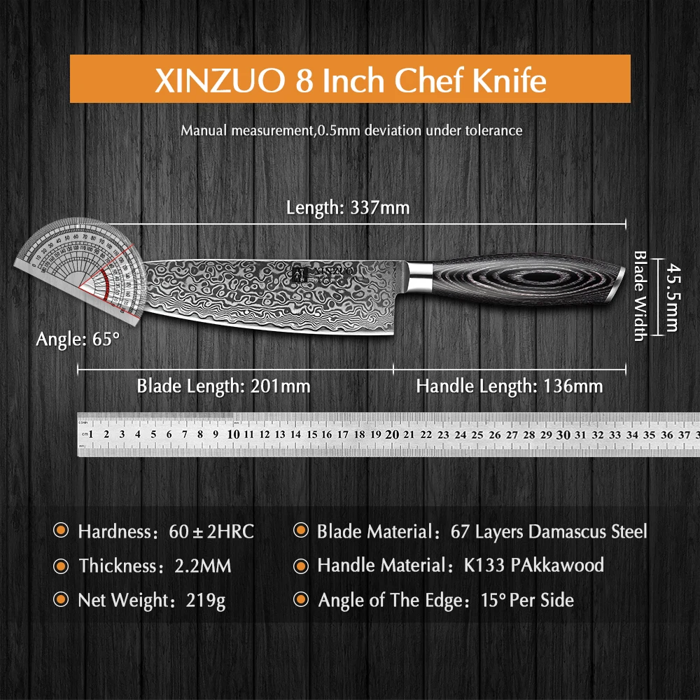 XINZUO 8\'\' inches Chef Knife Gyutou Knife Japanese VG10 Damascus Kitchen Knives Stainless Steel Butcher Knife Pakka wood Handle