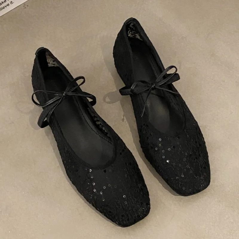 Spring New Flat Shoes for Women Square Head Shallow Mouth Mesh Fabric Embroidery Butterfly Knot Soft Sole Single Shoes