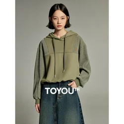 Toyouth Women Fleece Hoodies 2023 Winter Long Sleeve Loose Hooded Sweatshirt Splicing Design Casual Apricot Army Green Pullover