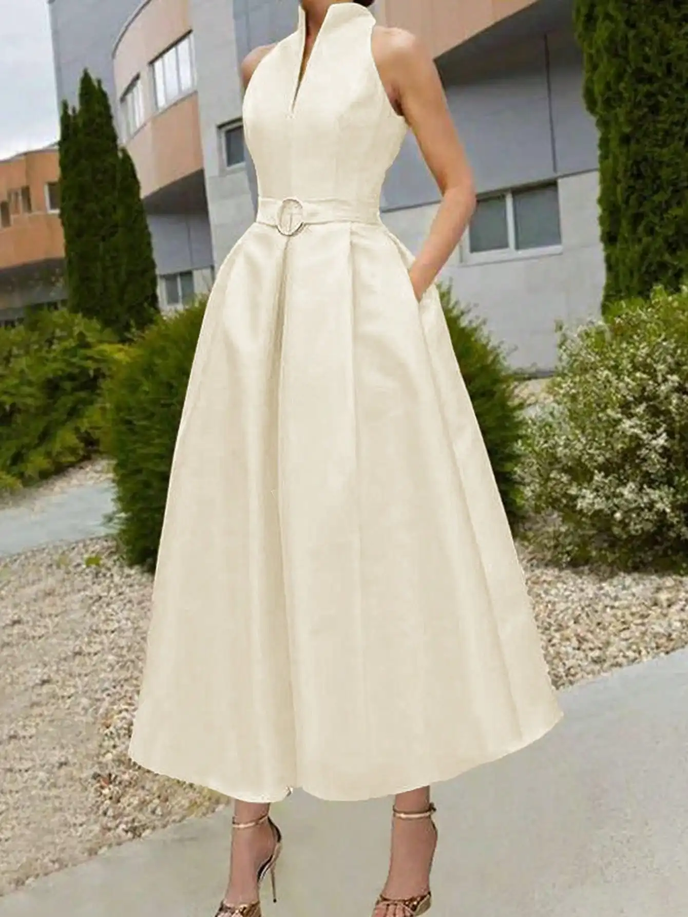 

Elegant Sleeveless A-Line Dress with V-Neck and Belted Waist, Off-White, Office & Formal Occasion