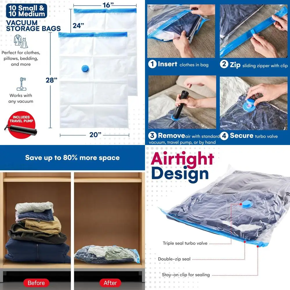 

20-Piece Assorted Vacuum Storage Bags with Pump for Comforters, Blankets, and Clothing - Space-Saving Compression Bags for Beddi