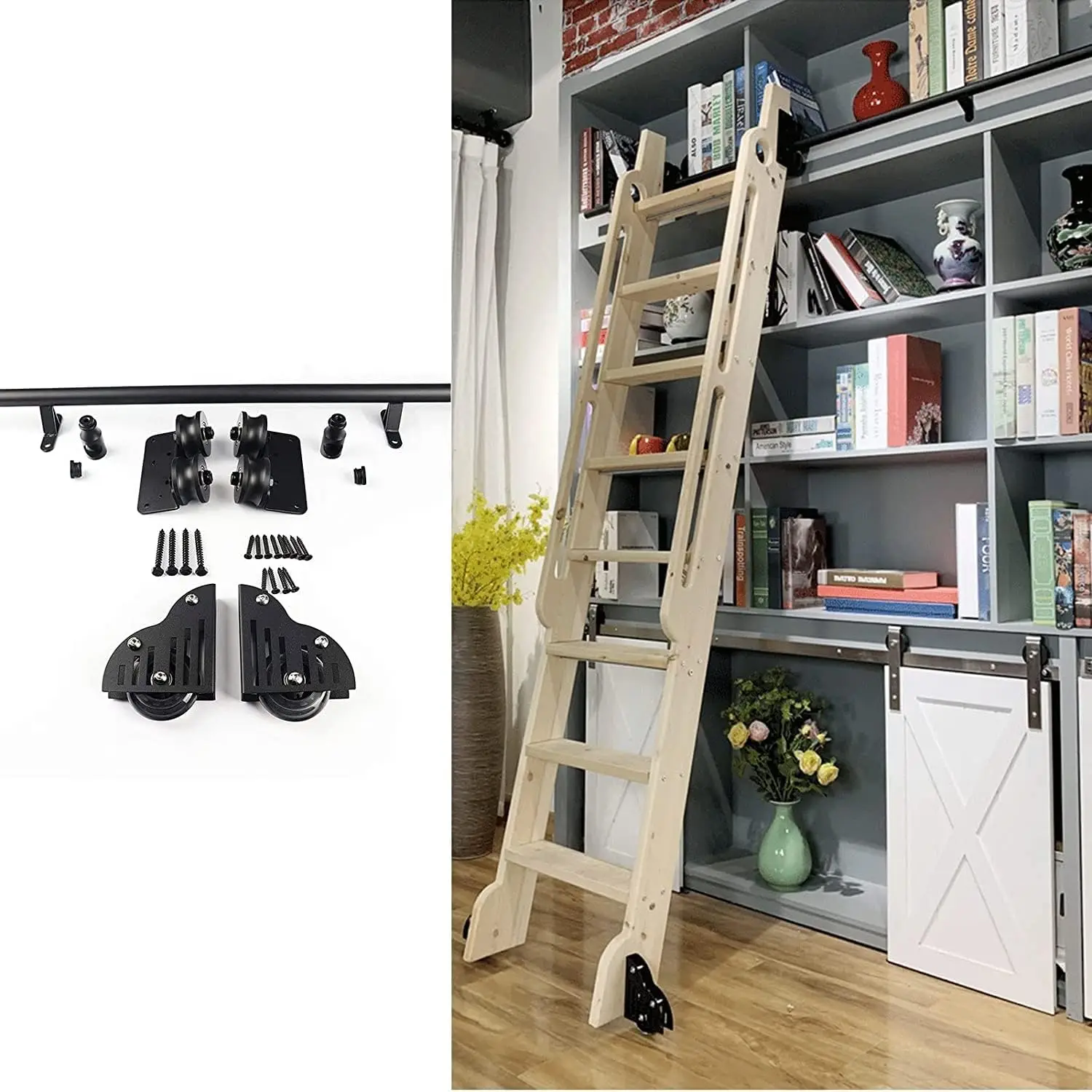 Sliding Barn Door Hardware, 3.3Ft-20Ft Round Tube Sliding Library Hardware Rolling Hardware Track (No Ladder) Kit, With Floor