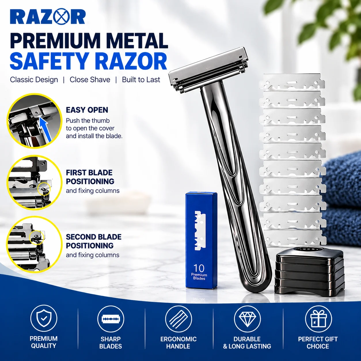 RZACLEAFashionable Luxury Gold Plated Double Edge Safety Razor Classic Manual Wet Shaver for Men Vacation Razors