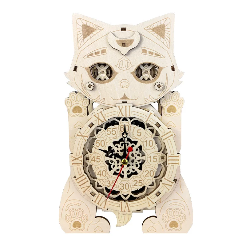 3D Wooden Puzzle Cat Clock Creative Desktop Decoration for Hotel Home Indoor