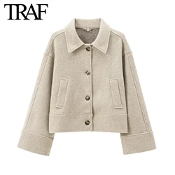 TRAF Women Fashion Autumn Winter Pocket New Loose Coat Jacket Long Sleeved Single Breasted Lapel Coats Chic Ladies Tops Mujer