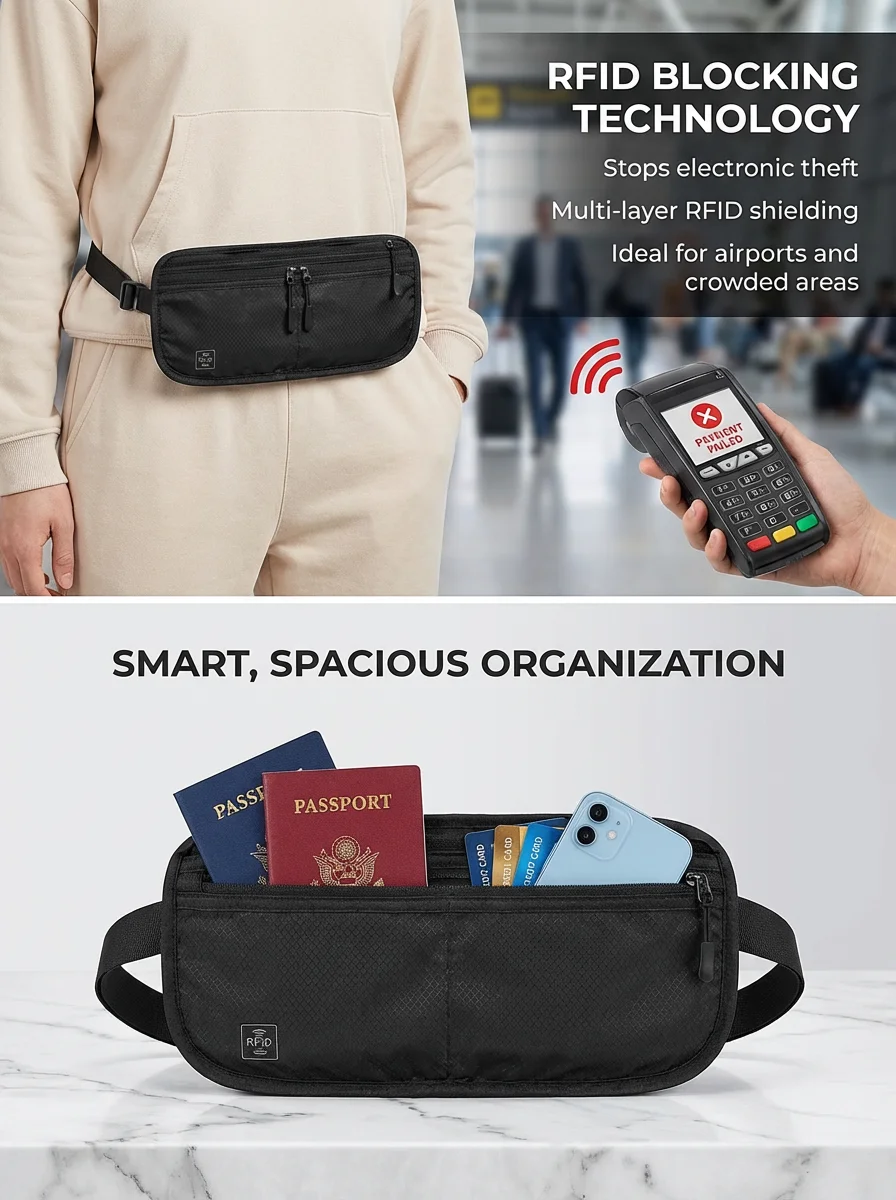 RFID-blockierende Reise-Gürteltasche Diebstahlsicherer Schlanker Geldgürtel mit Multifunktionsdesign Wasserdichte RFID-Geldbörse für Karten – Detail 2
