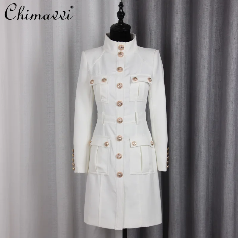 

Autumn Winter New Fashion Classic Turtleneck Slim Rivet Lion Head Buckle Short Dress Commuter Long Sleeve Elegant Lady Dress