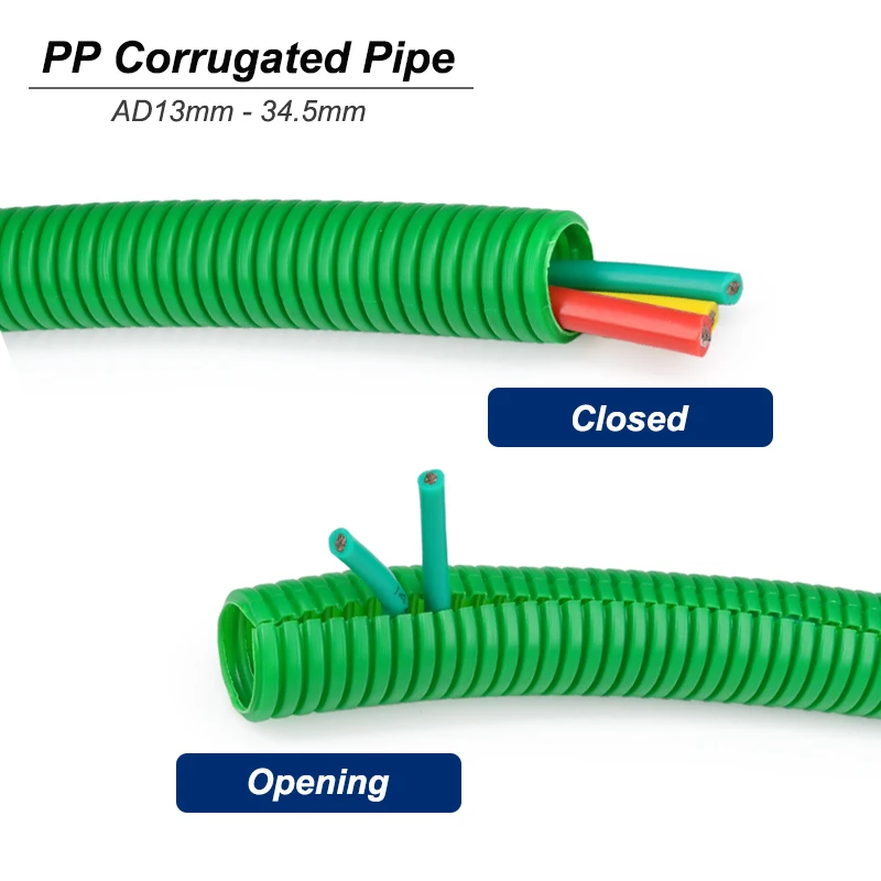 

1/3/5/10m Green PP Insulated Corrugated Pipe AD13mm - 34.5mm Plastic Bellows Pipe Car Cable Heat Resistant Protective Sleeve