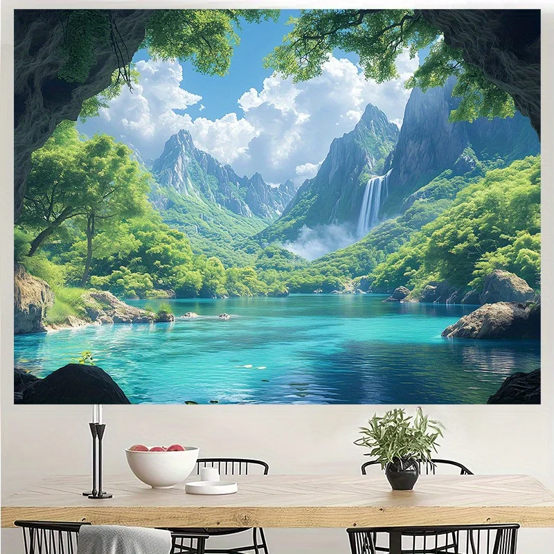 Mountain Lake Waterfall Tapestry Alpine Landscape Green Forest Summer Vacation Travel Nature Scenery Living Room Wall Decor