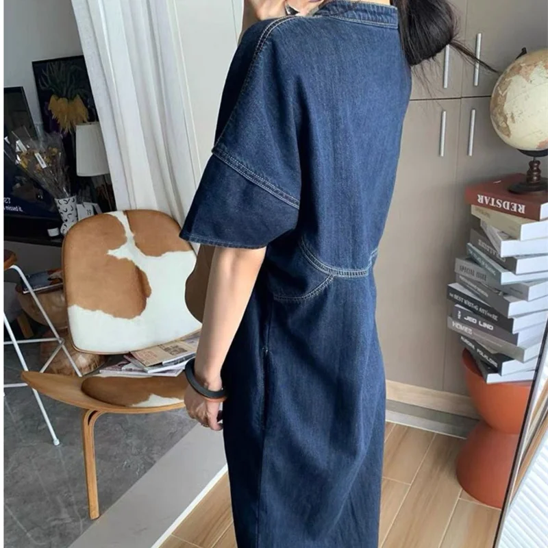Vintage Denim Women\'s Dresses for 2024 Summer Thin Casual Jeans Dress Loose Plus Size Lady Vestidos Female Clothes Robe KE6062