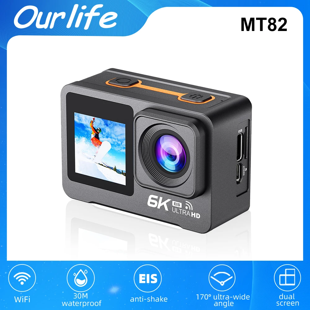 6K Action Camera 50MP 2.0 IPS Touch LCD Screen EIS 170° 30M Waterproof Sport Camera 5X Zoom WiFi Action Cam With Remote Control