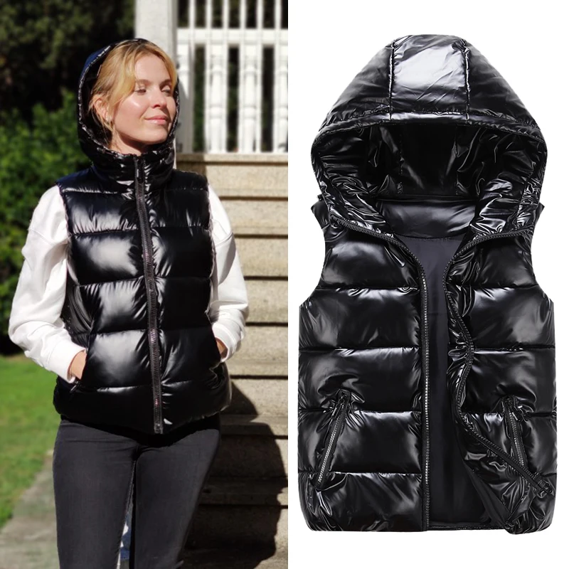 Colete com capuz das mulheres sem mangas jaqueta puffer senhoras à prova dwaterproof água algodão acolchoado colete feminino moda rua topo chaleco mujer