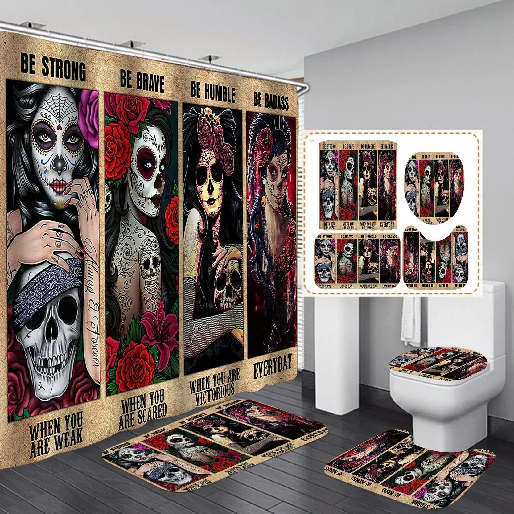 Beauty & Sugar Skull Shower Curtain Set Gothic Red Rose Spider Web Tattoo Day of The Dead Halloween Scary Skeleton Bathroom