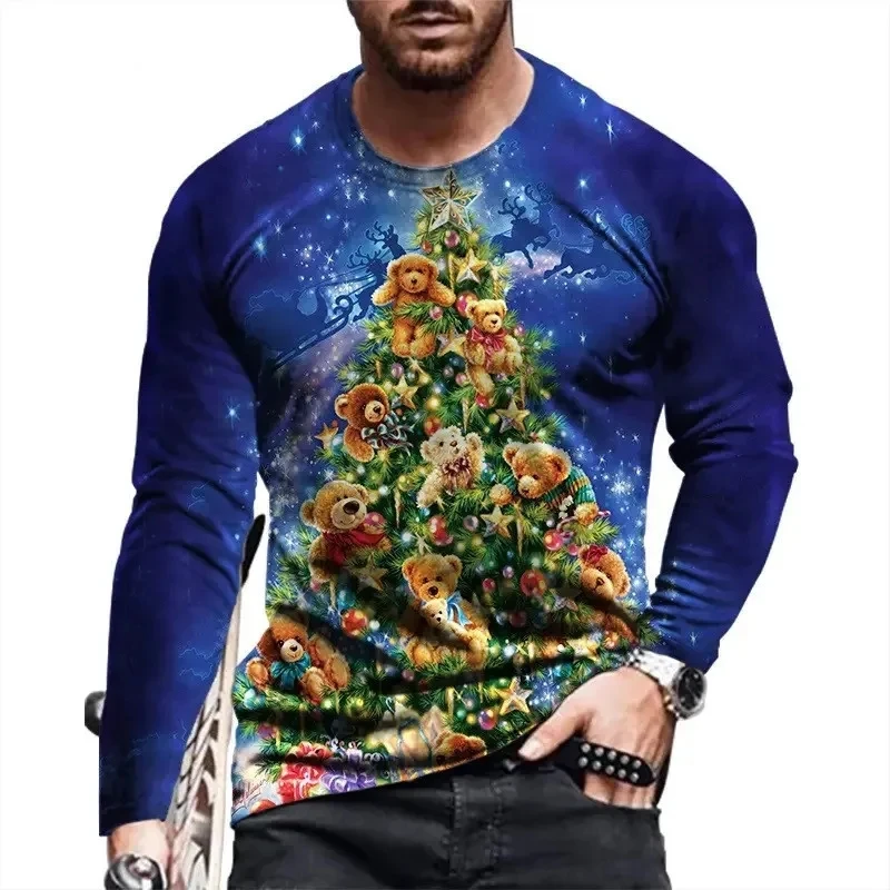 New Festivals Pattern Christmas European Size Long Sleeved T-shirt For Men\'s Casual Autumn Trend Top Round Neck Tees