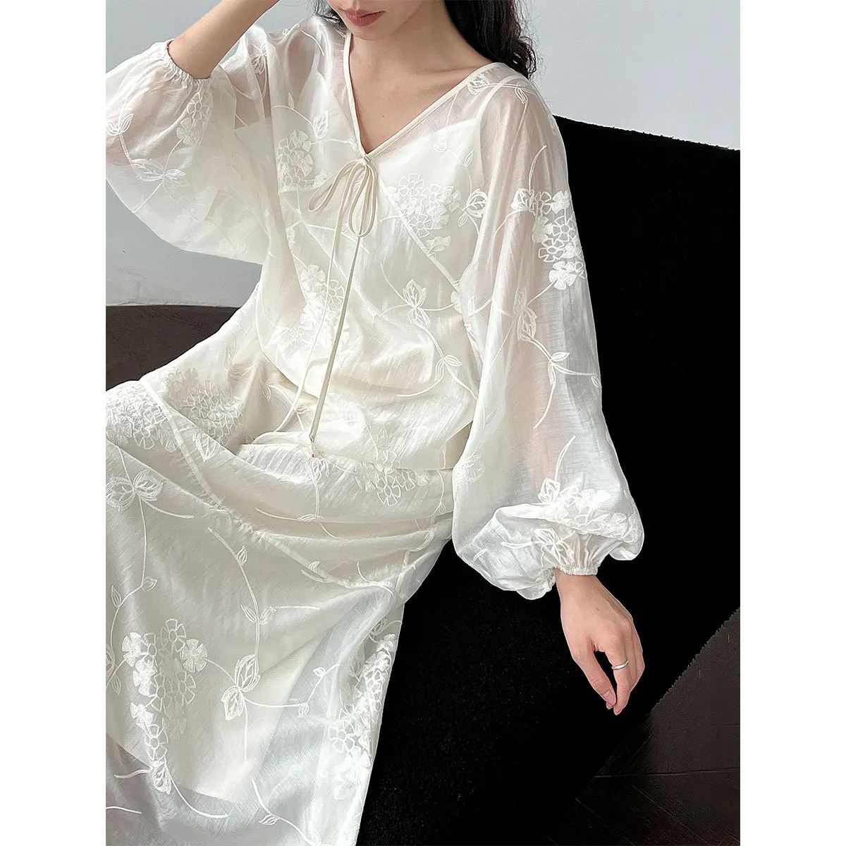 2025 verão floral bordado rayon vestido 2 peças conjunto- boho decote em v em camadas chiffon maxi renda manga vestido de férias 3631