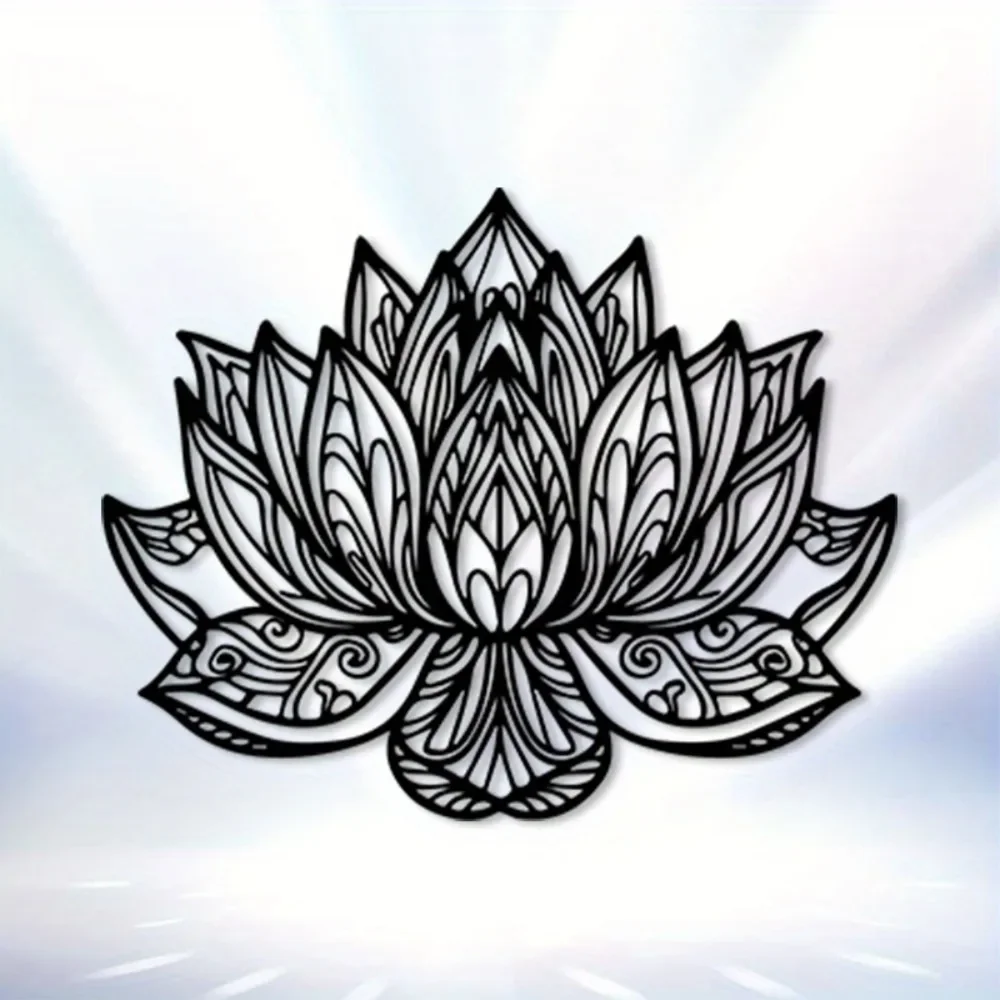 CIFBUY Iron Wall Art Lotus Mandala Weather-Resistant Vintage Bohemian Style Black Metal Decor For Indoor Outdoor Large 2D Flat