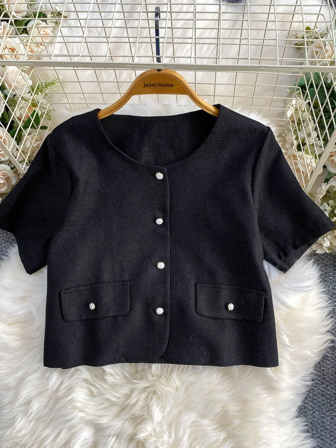 Elegant round Neck Short Coat for Women Loose Fit Slimming Tweed Button up French Style Top Ideal for Office Wear
