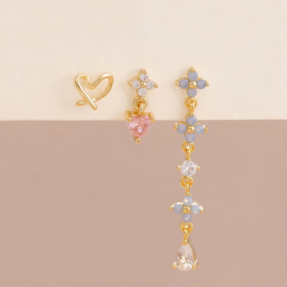 3PCS Vier Blatt Blume Anhänger Tropfen Ohrring Edelstahl Herz-Förmigen Für Frauen Zirkon Huggie Piercing Ohrring Trendy schmuck