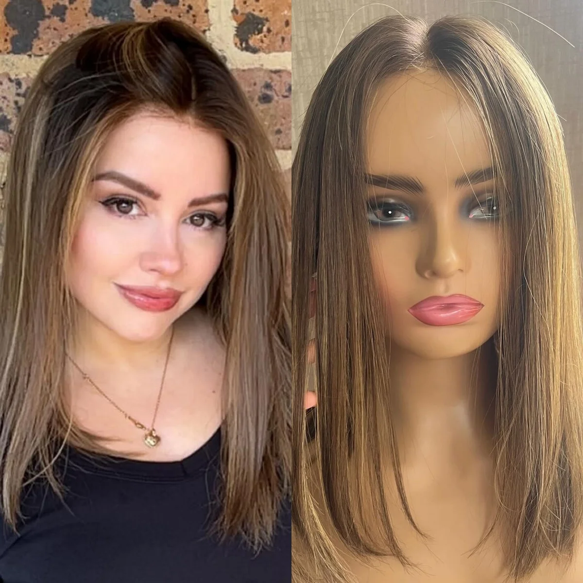 180% High Density Ombre Brown with Blonde Highlights Wig Short Straight bob Wigs for Women 14Inch Synthetic Wigs Average Size