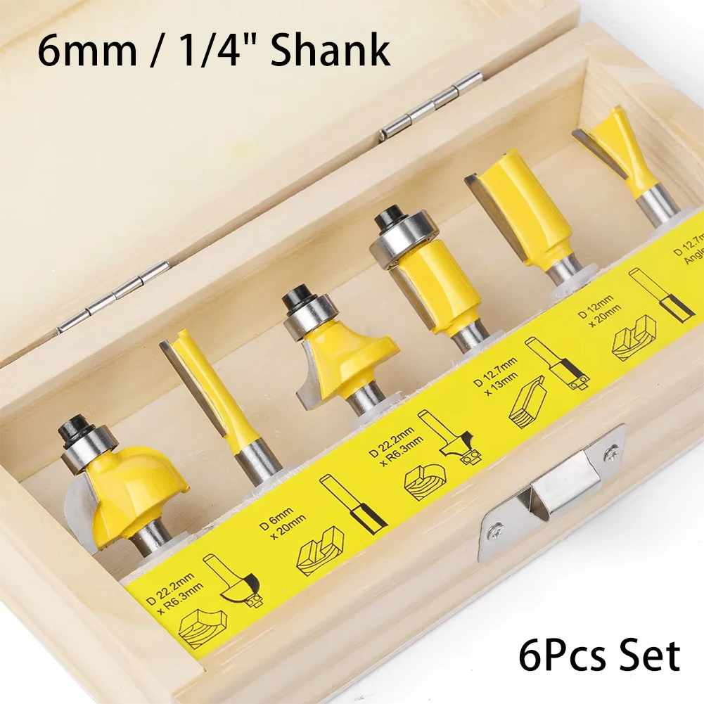 Cutting Router Bit Engraving Machine Woodworking Tools 6mm 1/4" Shank Sturdy 6Pcs Wood Box Trimming Milling Cutter Set