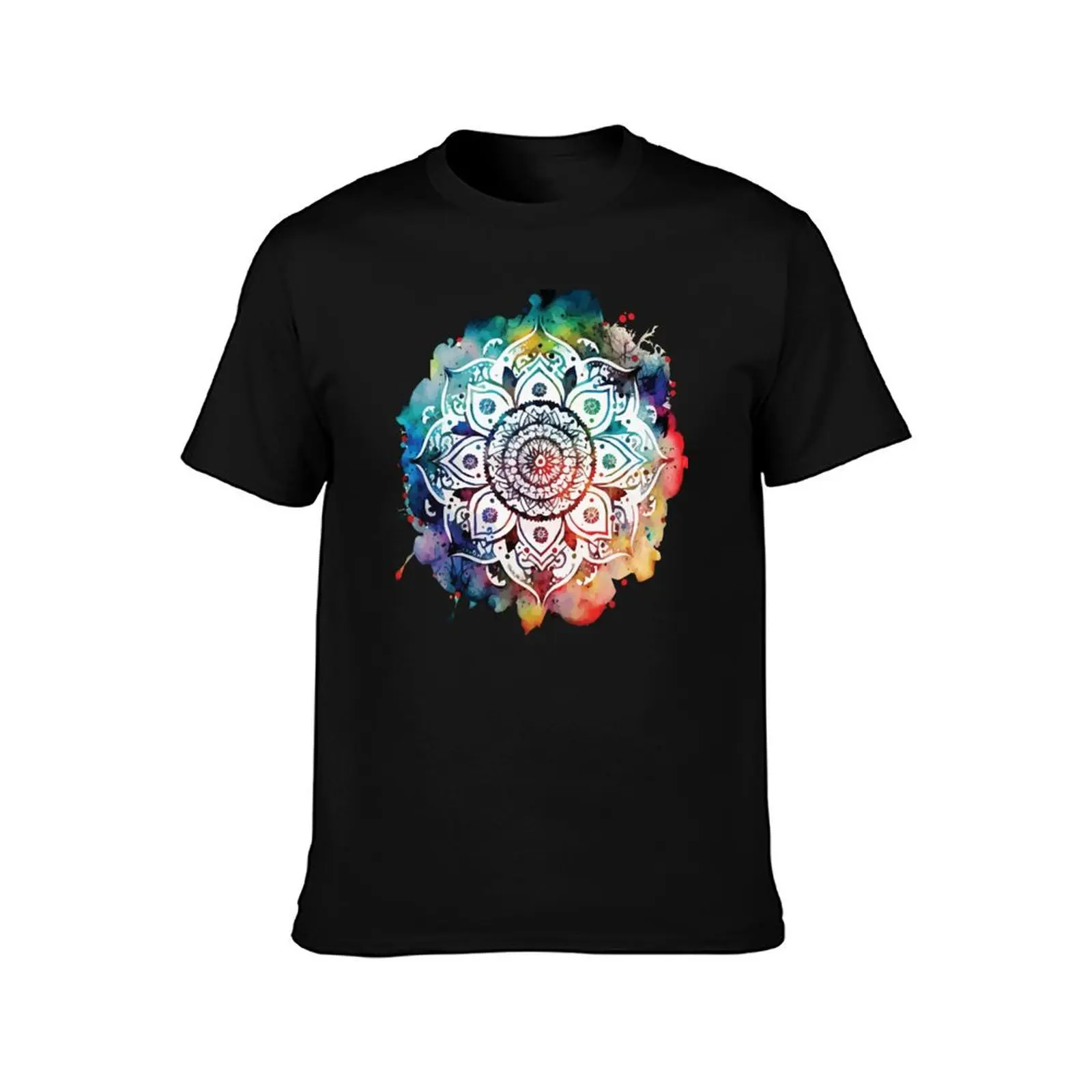 A Stencil Boho Mandala with Watercolor Background - Sacred Space Mandalas Collection T-Shirt Summer Casual Cotton Tee