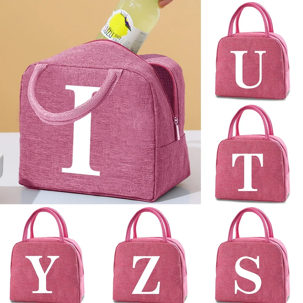 

White Print Lunch Bags School Cooler Dinner Bag Canvas Portable Zipper Thermal for Women Lunch Box Bag Picnic Food Bag Handbags