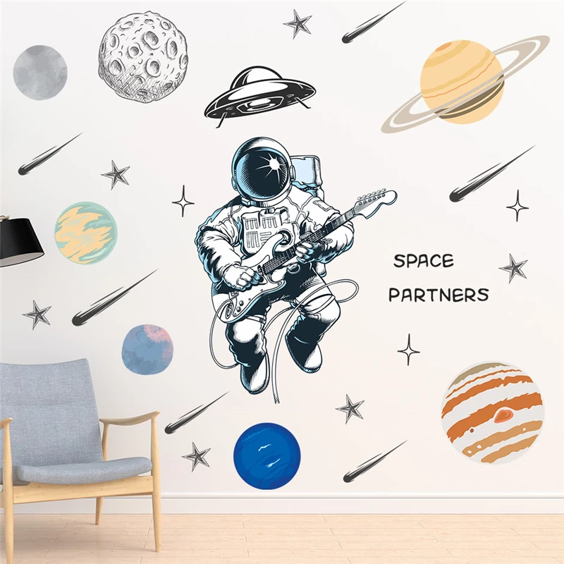 Funny Spaceman Playing Guitar Wall Stickers For Kids Bedroom Home Decoration Diy Planet Star Mural Art Pvc Decals Cosmos Poster