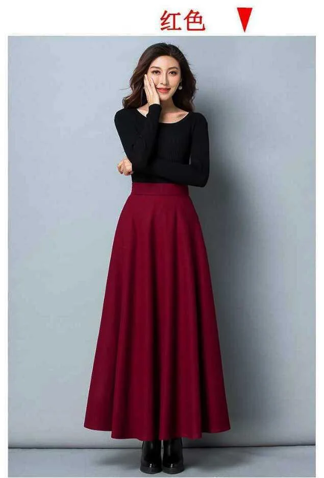 Autumn Winter Black Gray Large Size Woolen Long Skirt Women Fashion Korean Ladies Red High Waist Festival Pleated A-line Skirts
