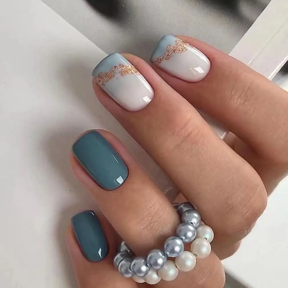 24pcs Nail Tips DIY Fake Nials Press on Nails French Blue Champagne False Nails Short Square